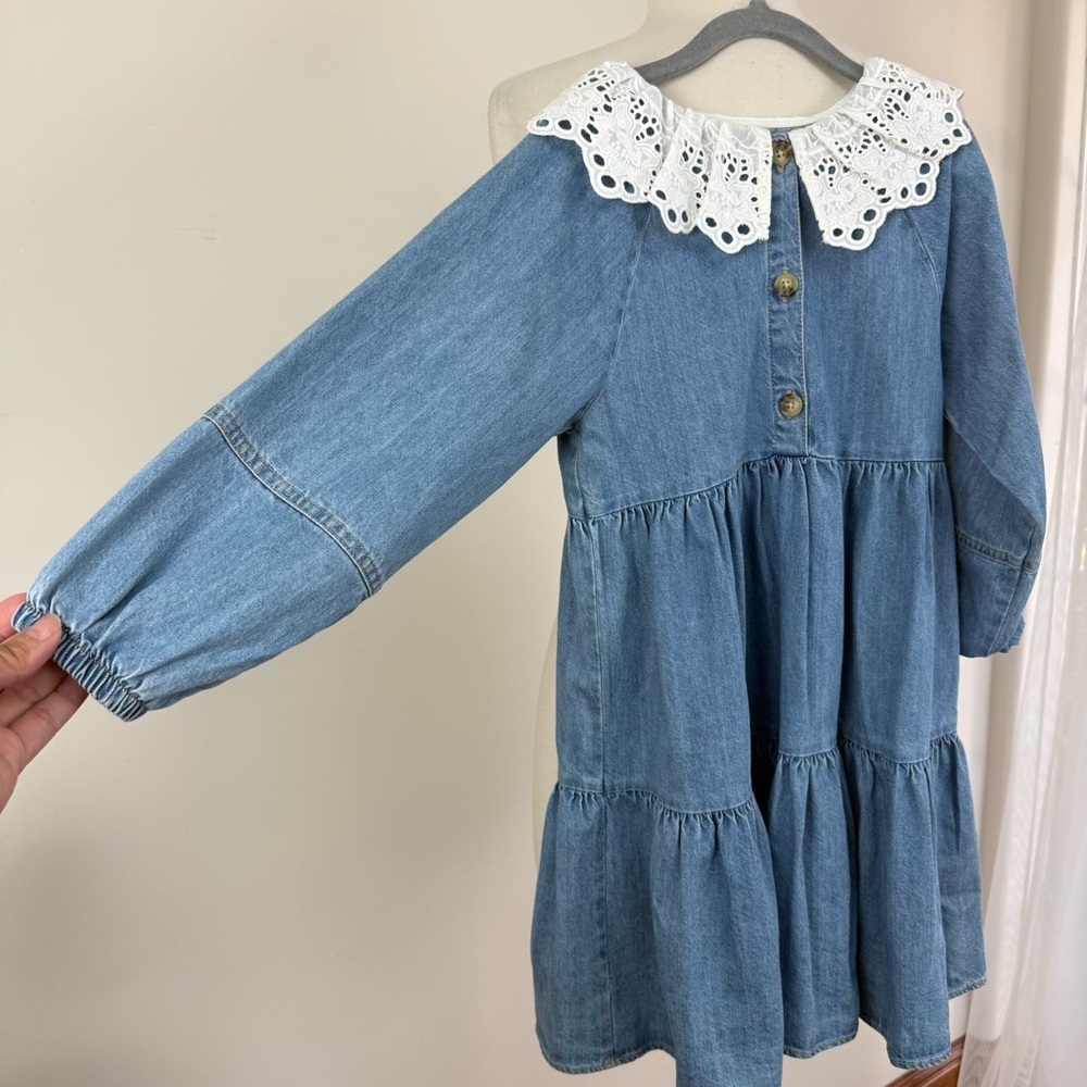 💋Zara Kids Blue Denim Dress with White Lace Collar size 7 - Picture 3 of 7